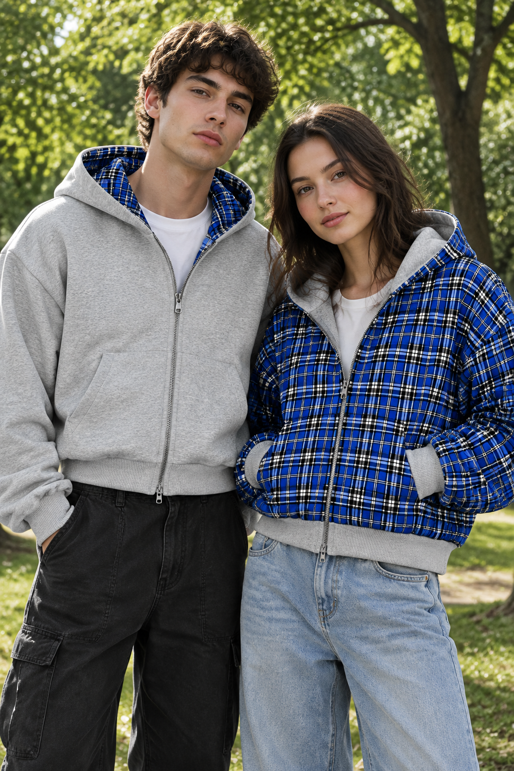 Due modelli con i due lati della felpa blu reversibile